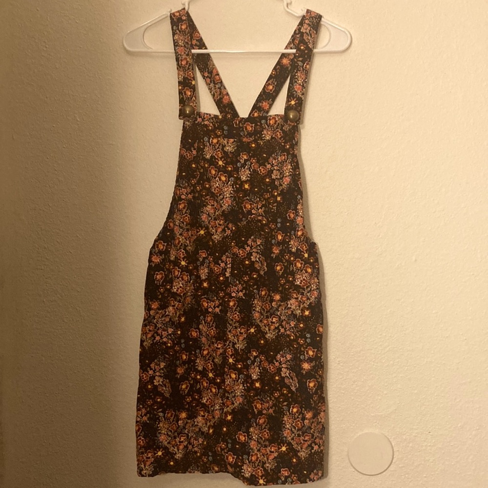 Floral denim overall dress